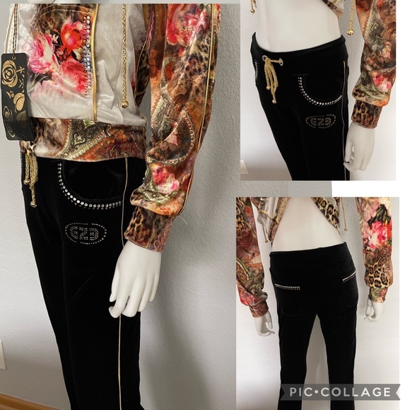 WOMEN VELOUR TRACKSUIT 2PC SET JACKET/BLACK PANTS LOUNGEWEAR HOODED ANIMAL PRINT - Picture 3 of 14